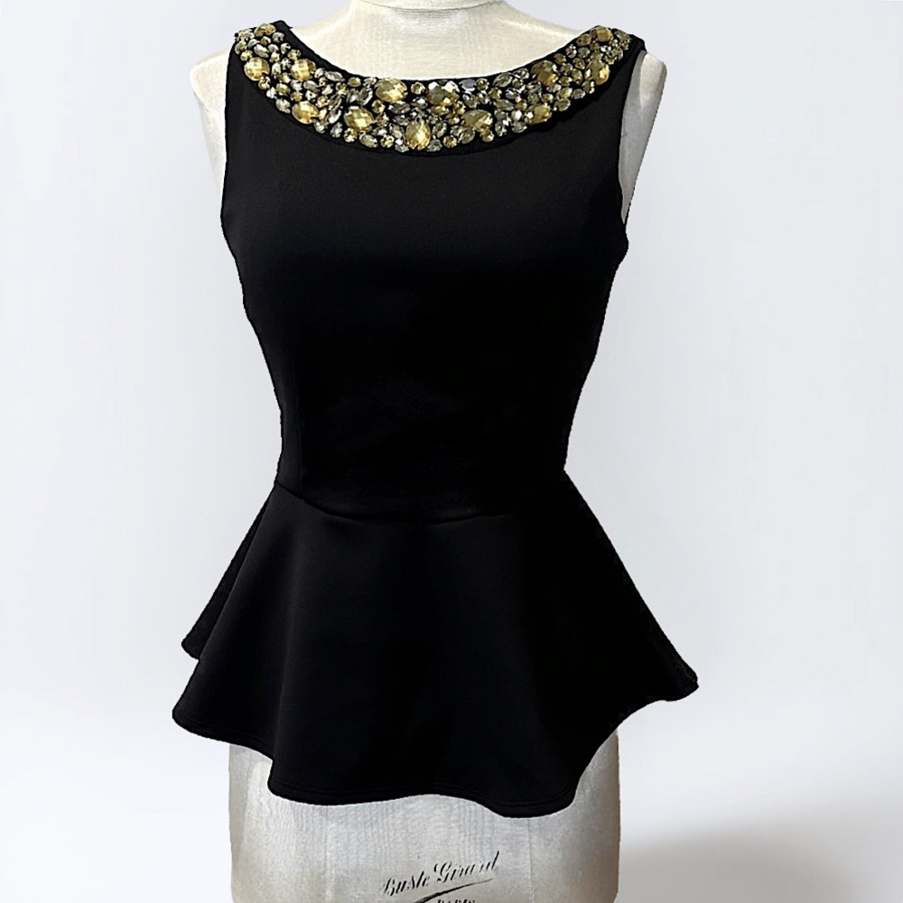 Bisou Bisou Black Peplum Top Jeweled Embellished Neckline / Upper Bodice XS - S
